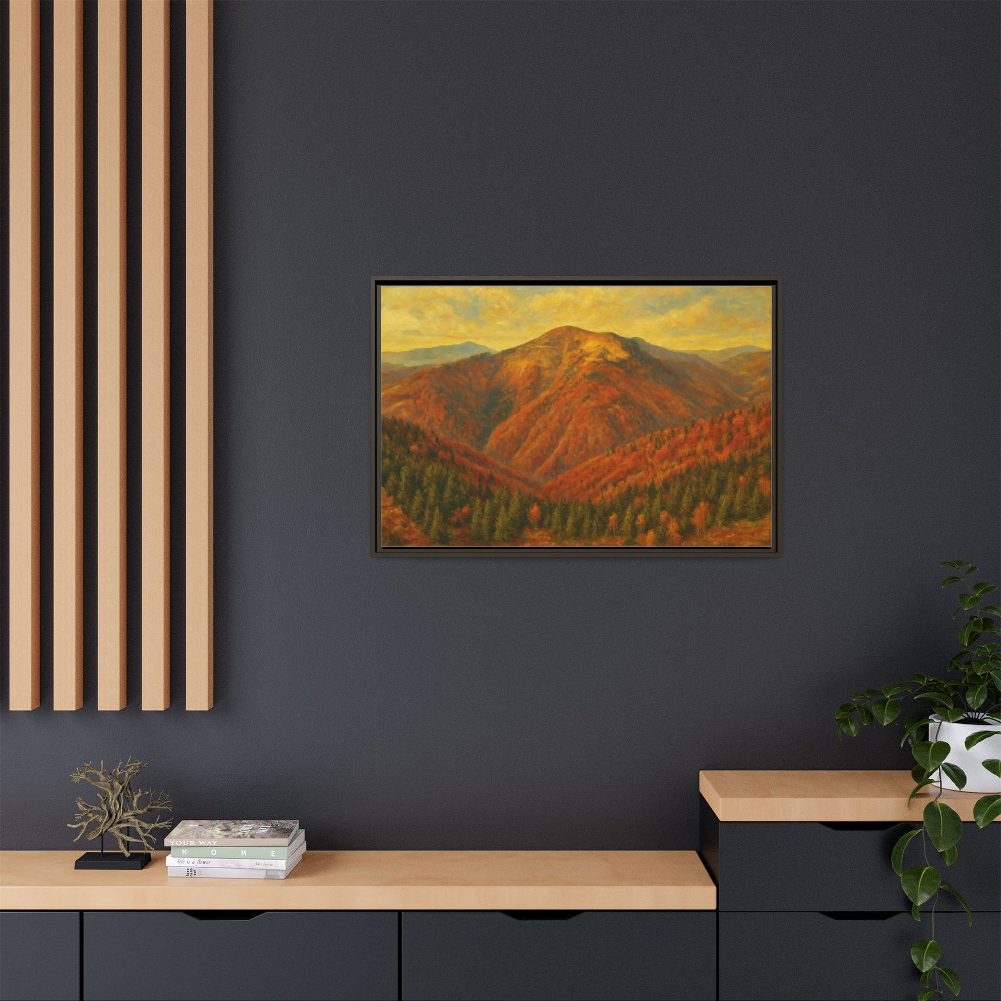 Autumn mountain matte canvas framed wall art by Printify featuring a scenic mountain landscape in warm autumn colors.