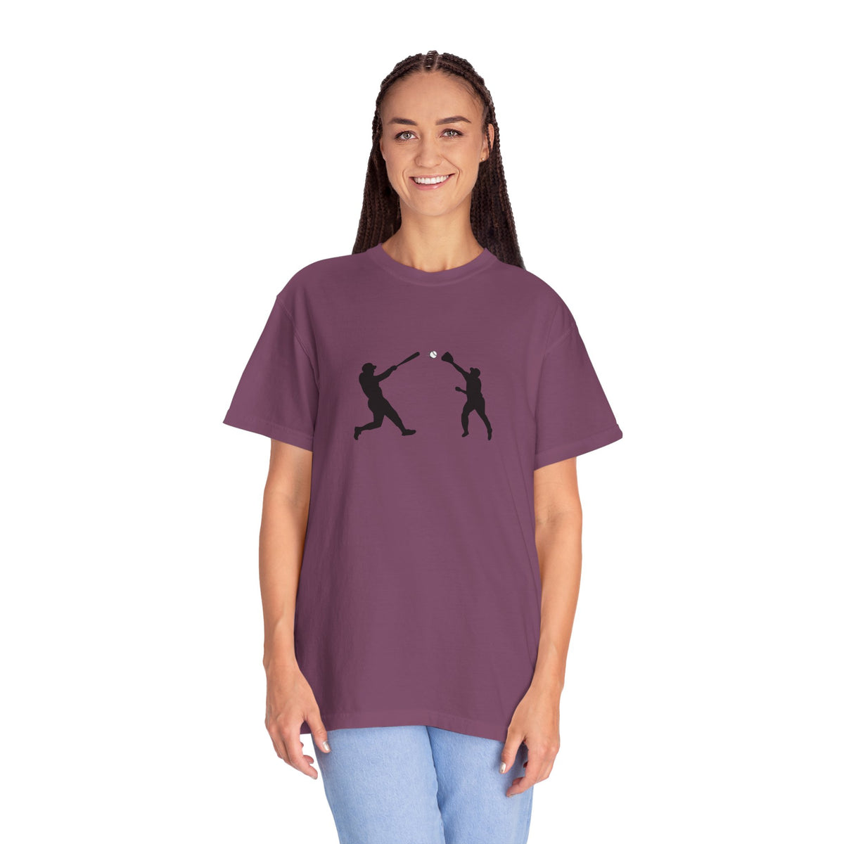 Black baseball silhouette graphic T-shirt for men, featuring minimal baseball player design on soft cotton fabric.