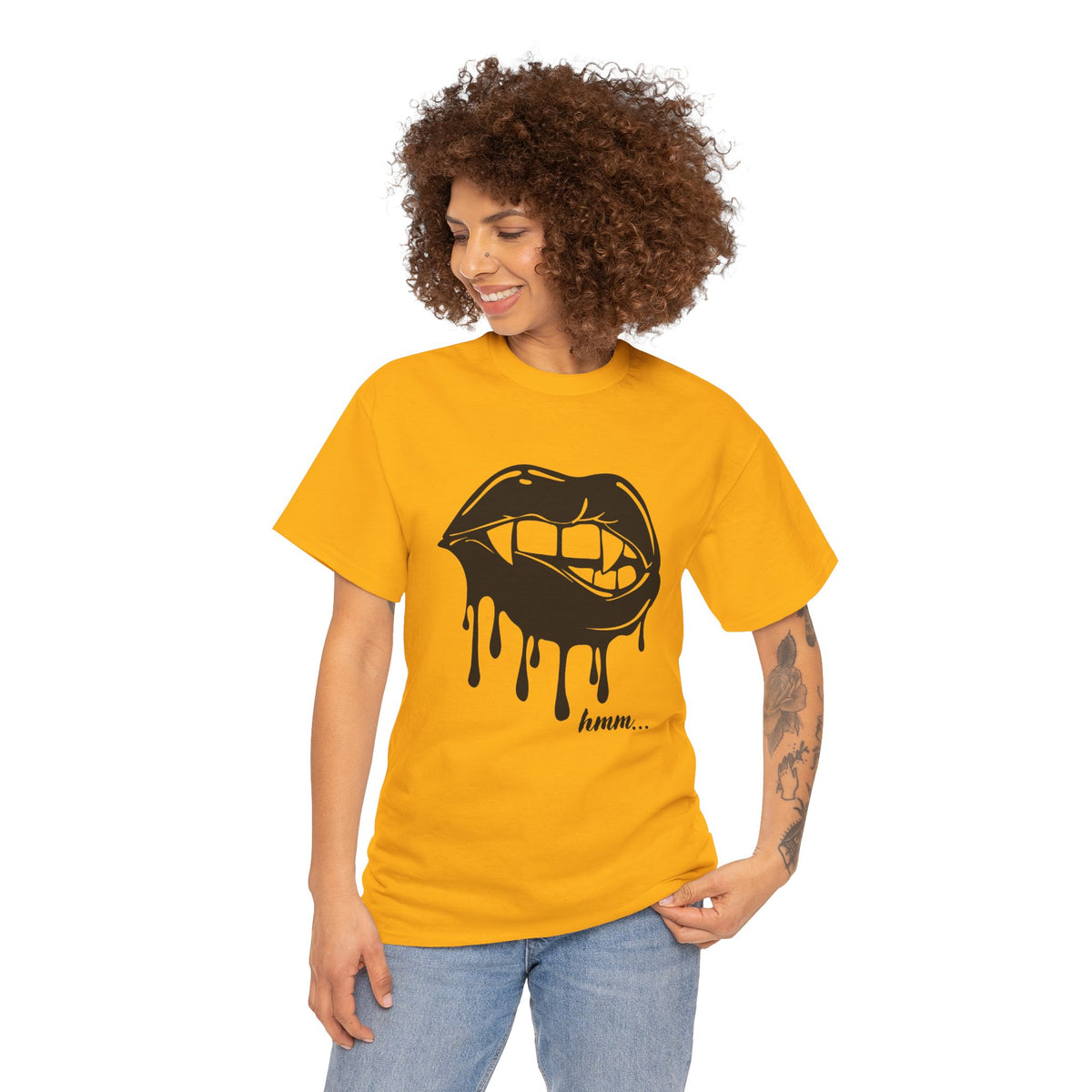 Graphic T-shirt featuring dripping lips with 'hmm...' bite design by Printify, shown on a white background.