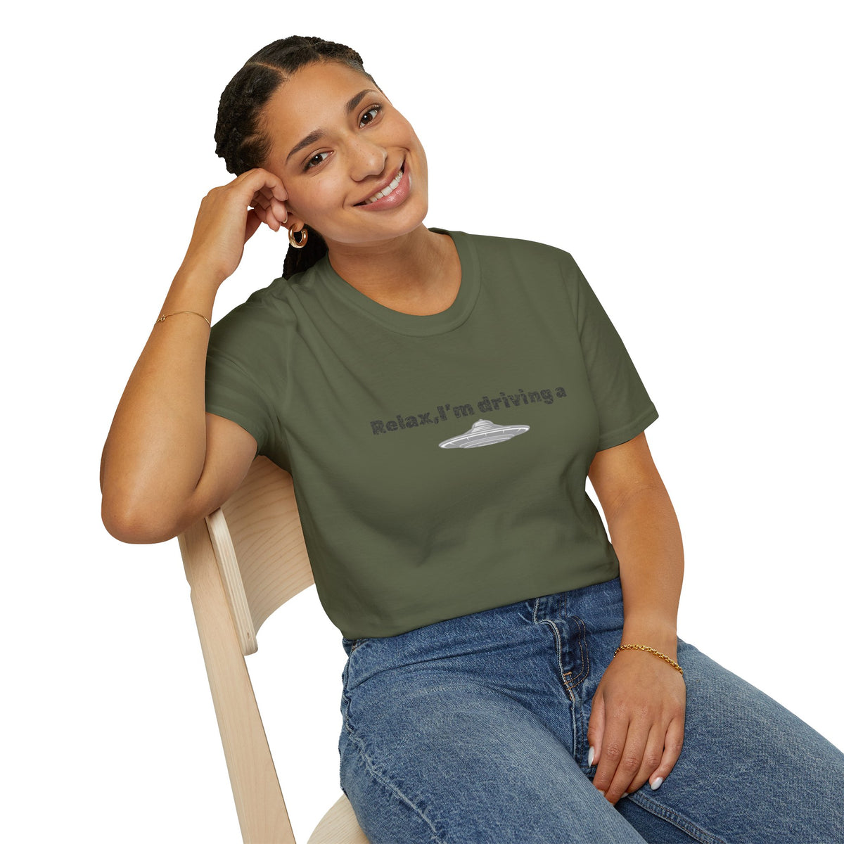Funny alien graphic T-shirt featuring a UFO design, perfect as a sci-fi gift, by Printify.