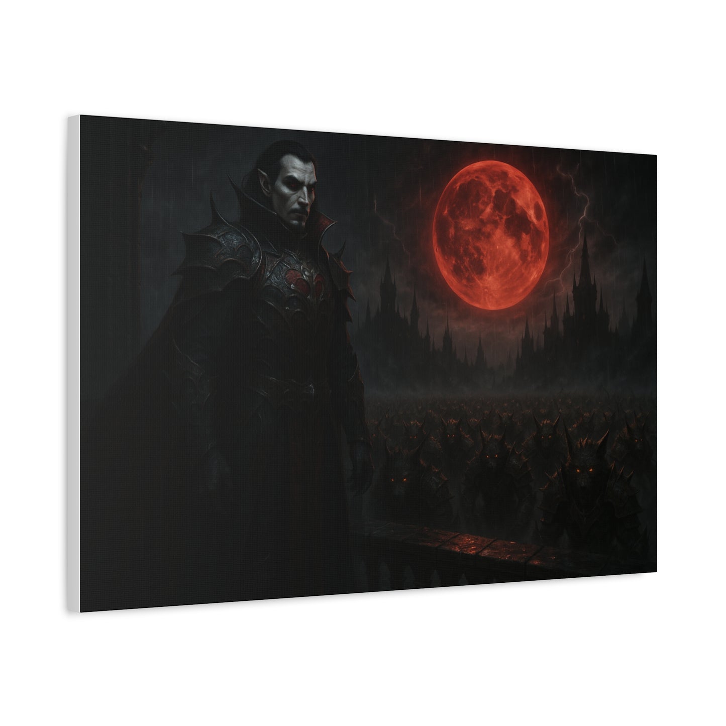 Red moon vampire lord matte canvas print featuring dark, gothic artwork on high-quality canvas by Printify.