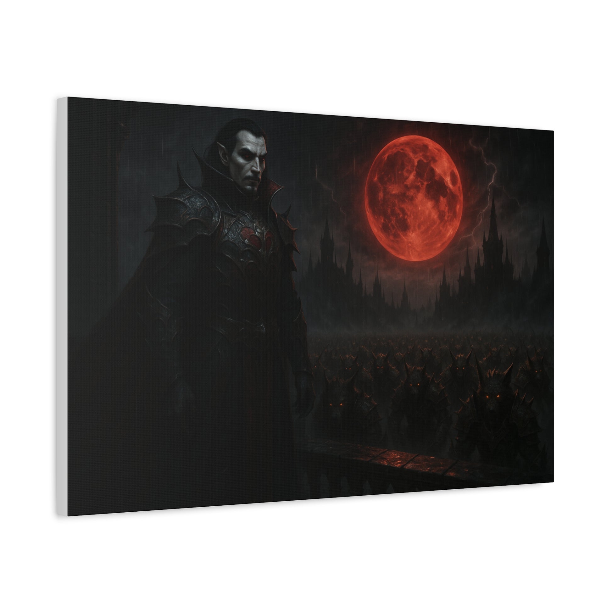 Red moon vampire lord matte canvas print featuring dark, gothic artwork on high-quality canvas by Printify.