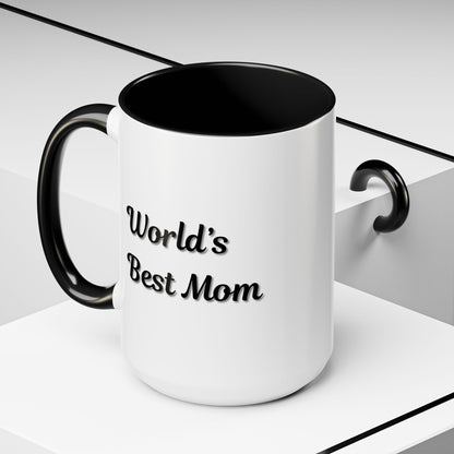 Black-trim ceramic mug with "World's Best Mom" text, perfect for Mother's Day gift, by Printify.