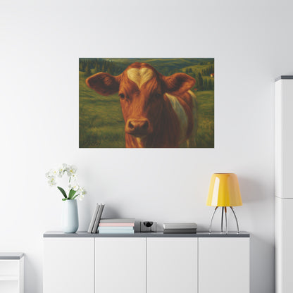 Cow portrait canvas print featuring a heart-shaped forehead, farm animal wall art by Printify, showcasing detailed farm cow artwork.