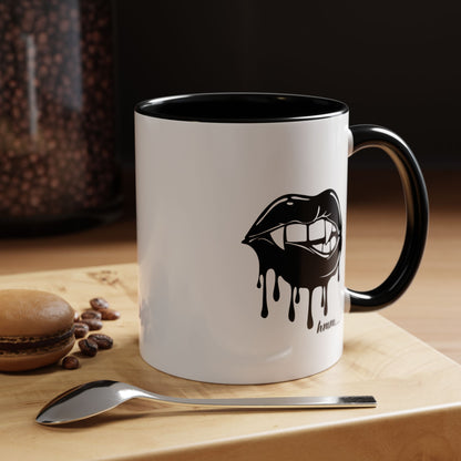Black accent Dripping Bite coffee mug by Printify, 11oz or 15oz size, featuring a unique dripping design on ceramic surface.