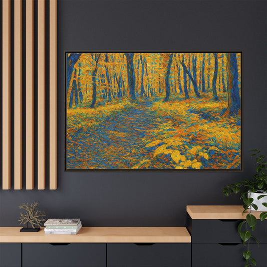 Framed matte canvas wall art of a golden autumn forest path, featuring warm autumn colors and detailed natural scenery.