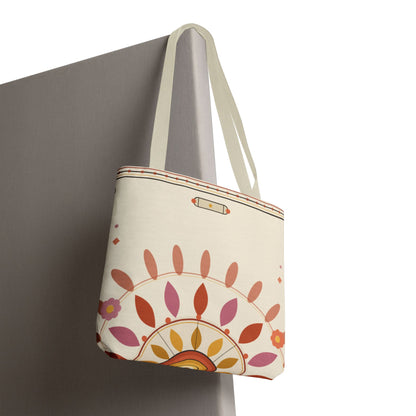 Boho floral mandala tote bag by Printify featuring a pastel sunburst pattern on a spacious, stylish fabric bag.