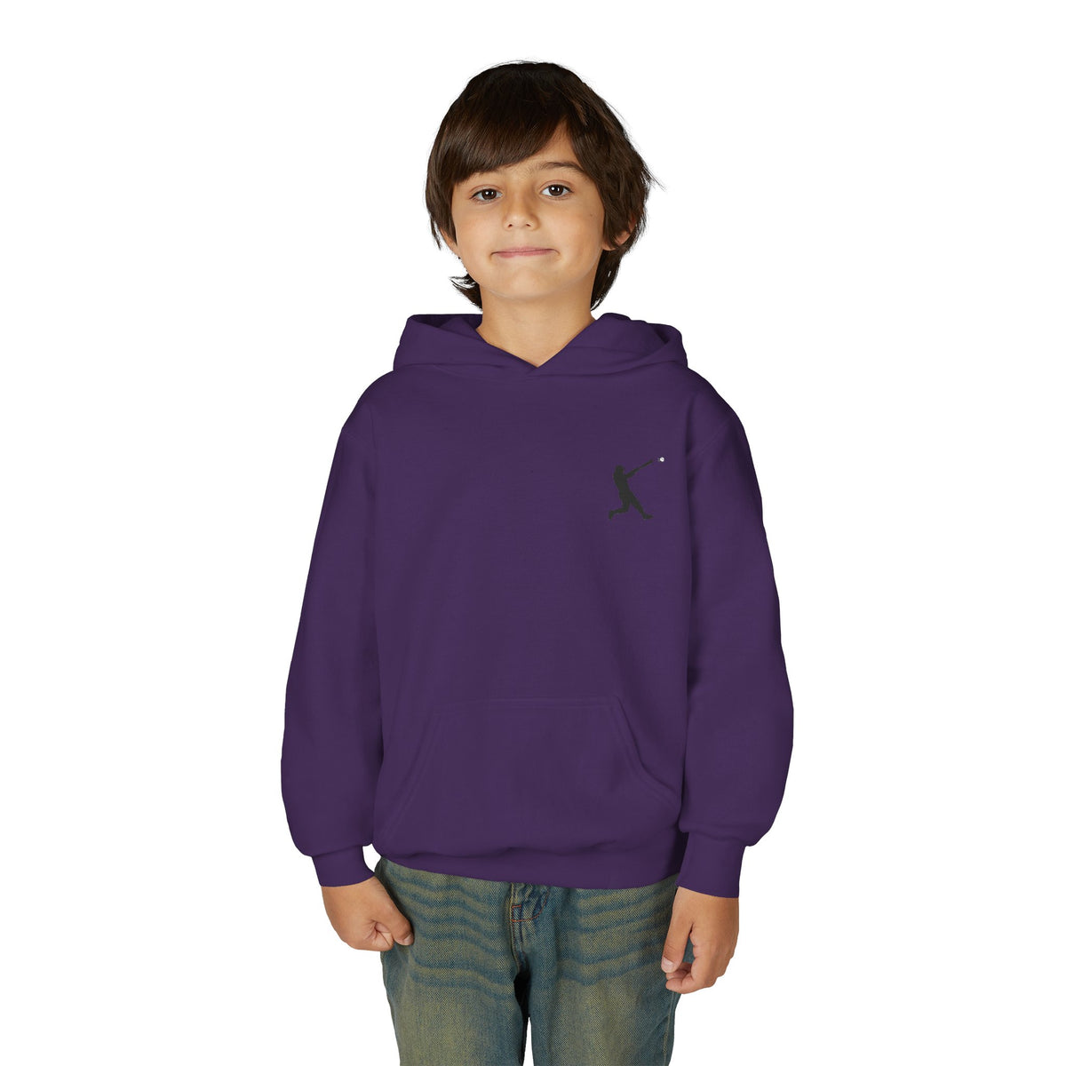 Youth baseball silhouette hoodie showing a kids baseball player pullover in a sporty design with front print.
