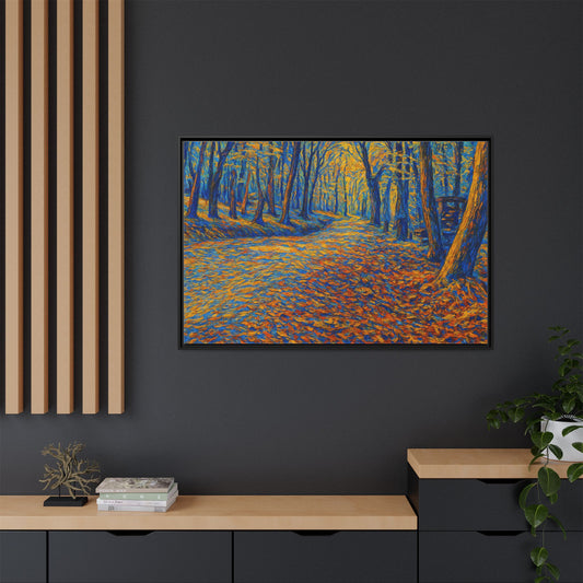 Autumn Woodland matte canvas print by Printify featuring a multicolor landscape wall art with a framed woodland scene.