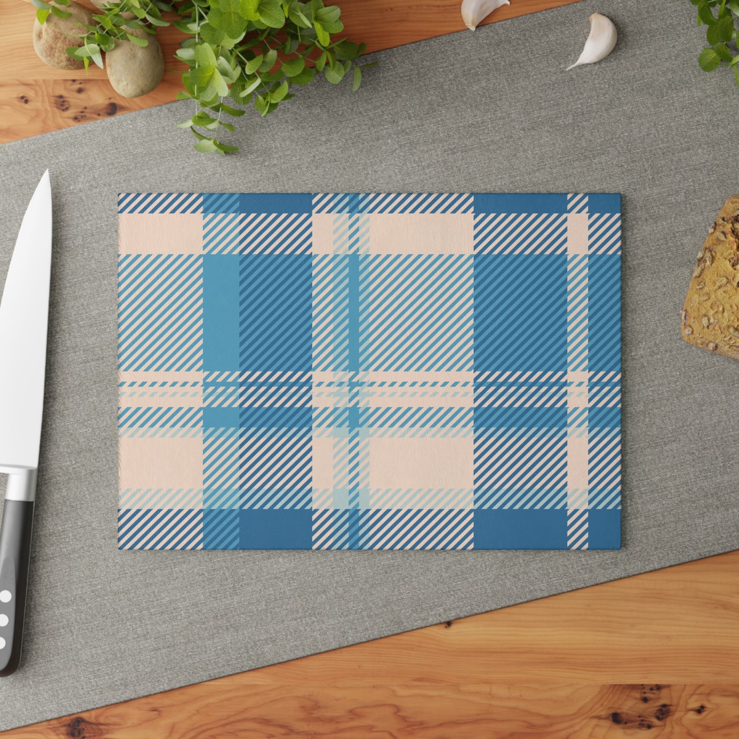 Blue Plaid Glass Cutting Board — Pastel Kitchen Chopping Board
