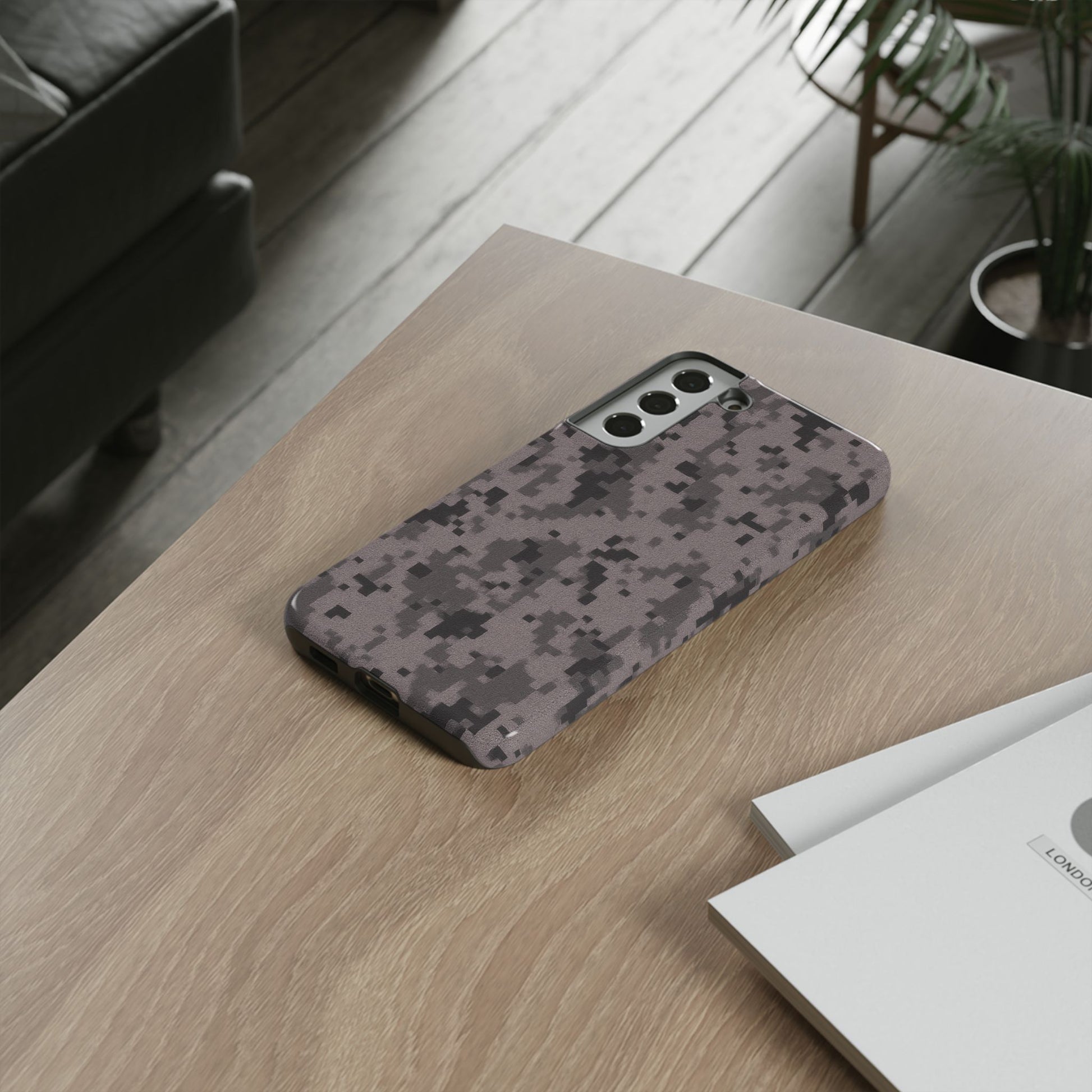 Gray digital camouflage phone case by Printify, tough protective cover for smartphones with camouflage pattern design.