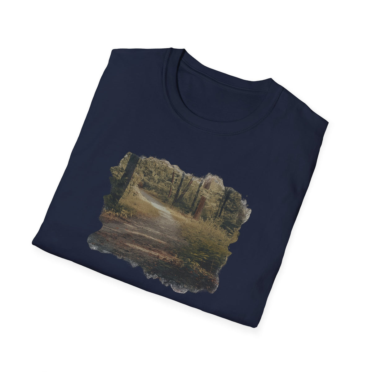 Vintage forest landscape T-shirt by Printify featuring a nature pathway scene on a classic cotton tee.