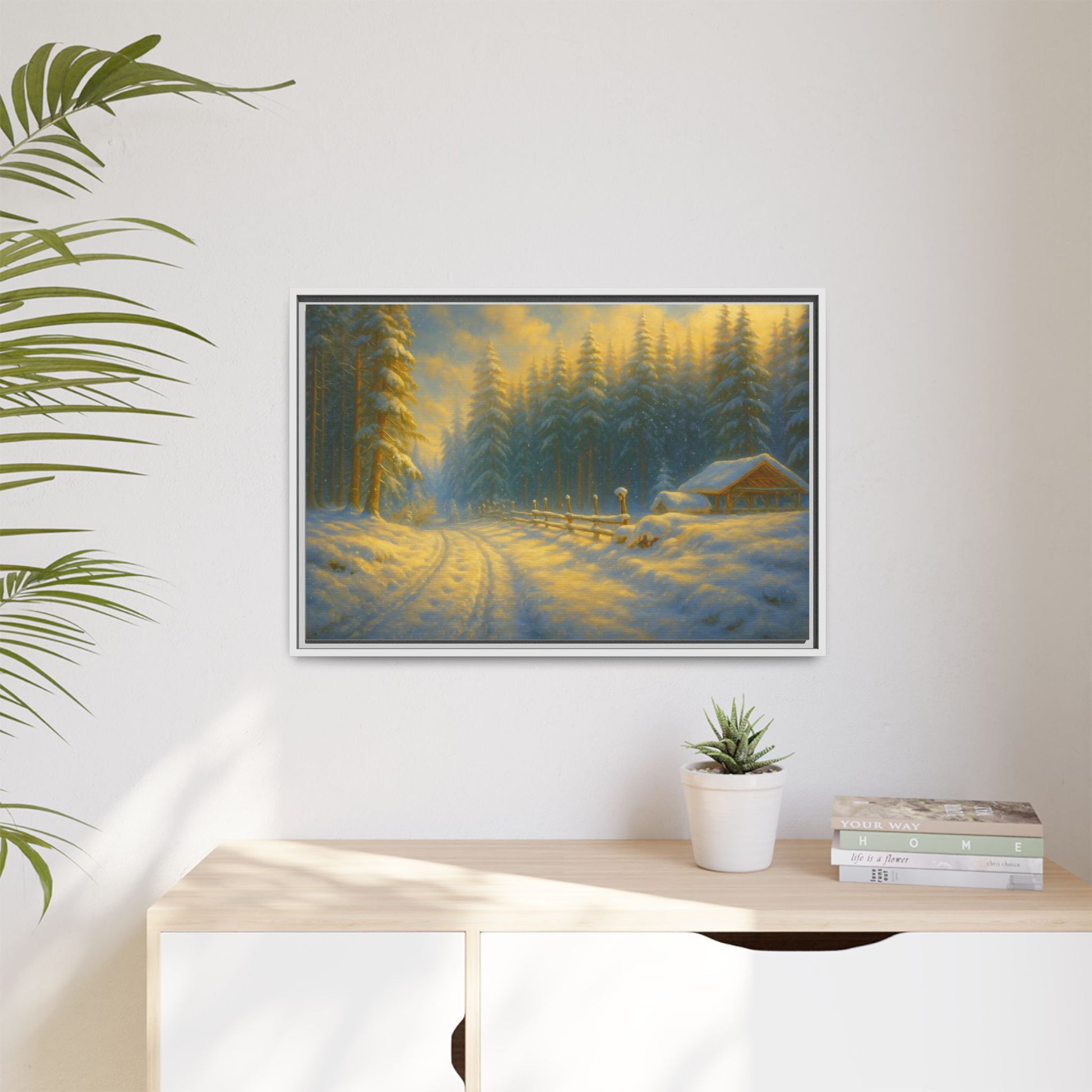 Framed winter cabin canvas print featuring a snowy forest sunset, wall art by Printify showcasing cozy winter scenery.