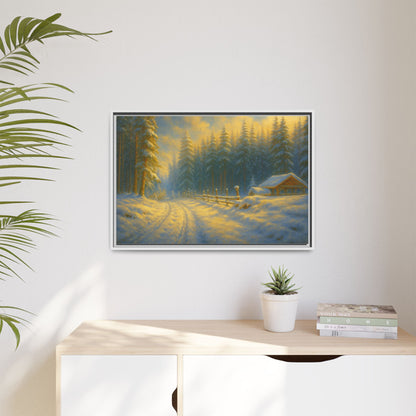 Framed winter cabin canvas print featuring a snowy forest sunset, wall art by Printify showcasing cozy winter scenery.