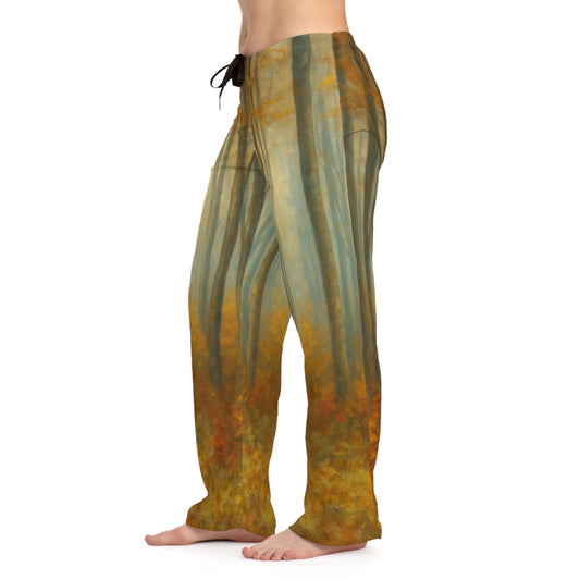 Autumn Forest women's pajama pants with all-over fall leaf print, cozy lounge sleepwear by Printify, soft and comfortable fabric.