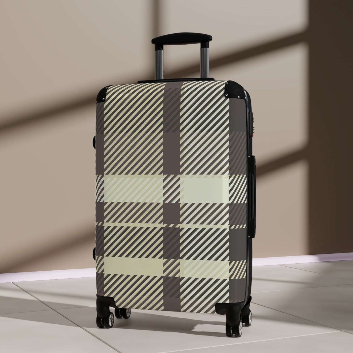 Plaid Carry-On Suitcase — Neutral Beige & Black Travel Luggage