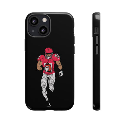 Black football player tough phone case for iPhone, durable protective sports design by Printify, featuring athletic action imagery.