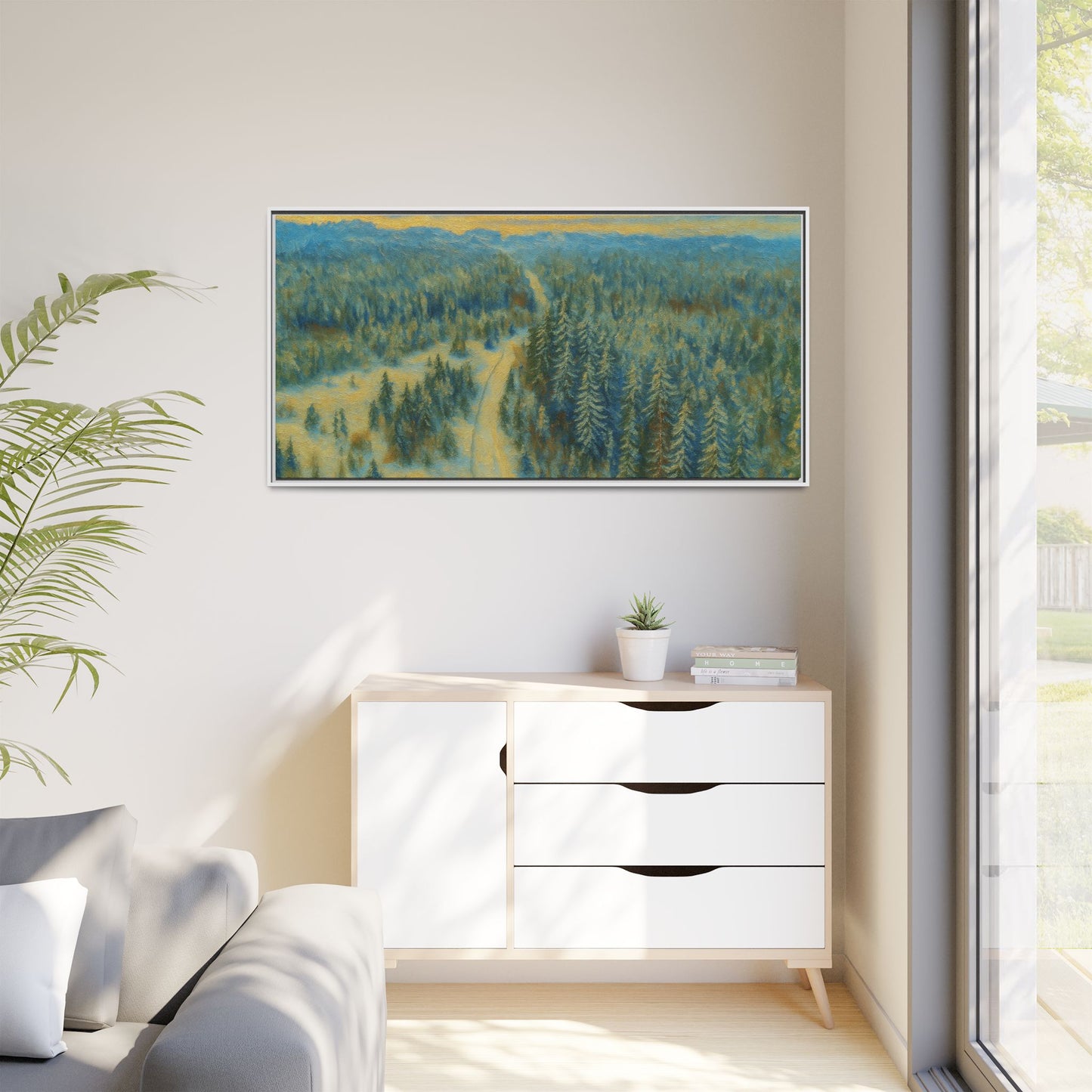 Framed matte canvas print of a serene winter forest landscape by Printify, showcasing snow-covered trees and peaceful scenery.