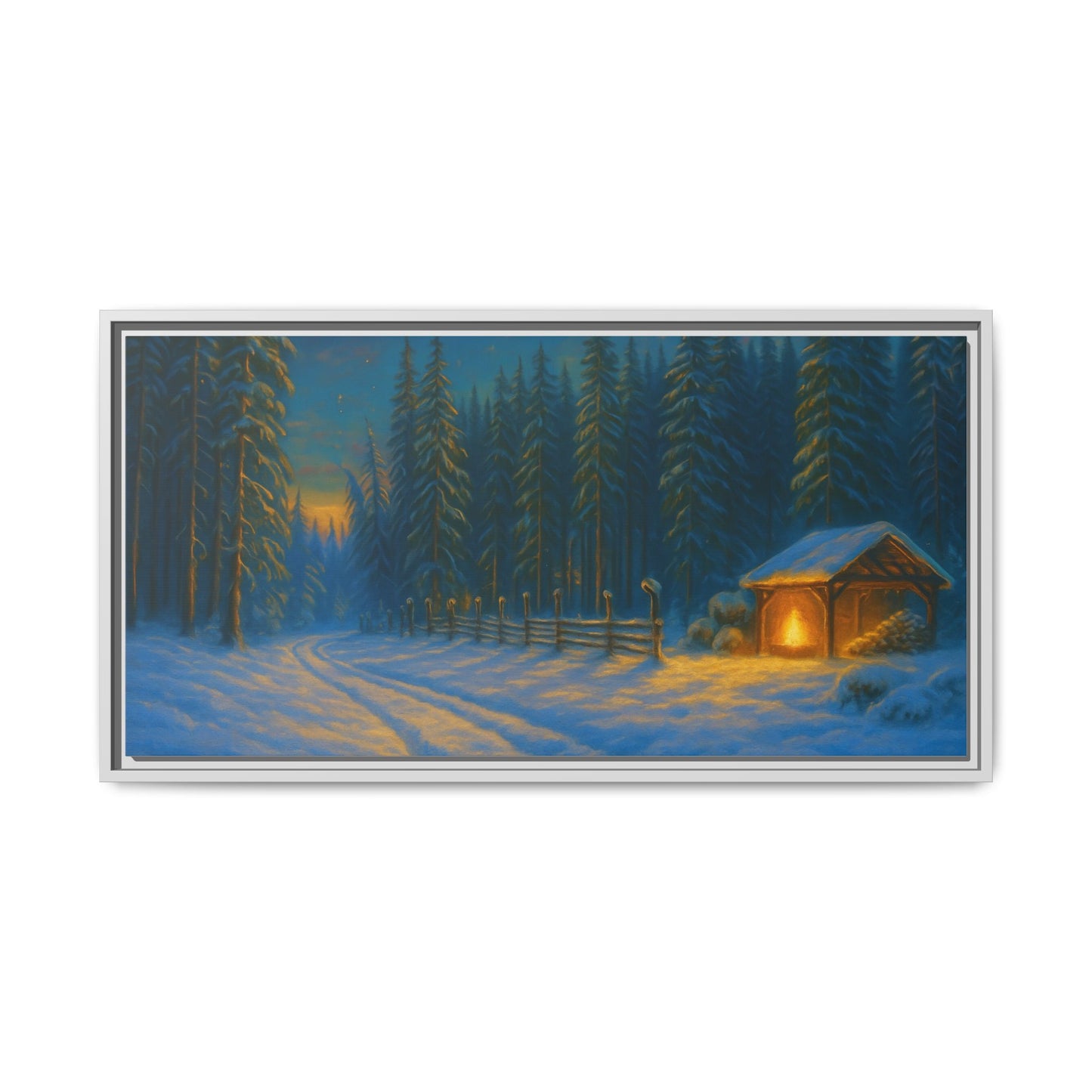 Cozy winter cabin canvas wall art by Printify featuring a snowy forest evening scene with a matte framed finish.