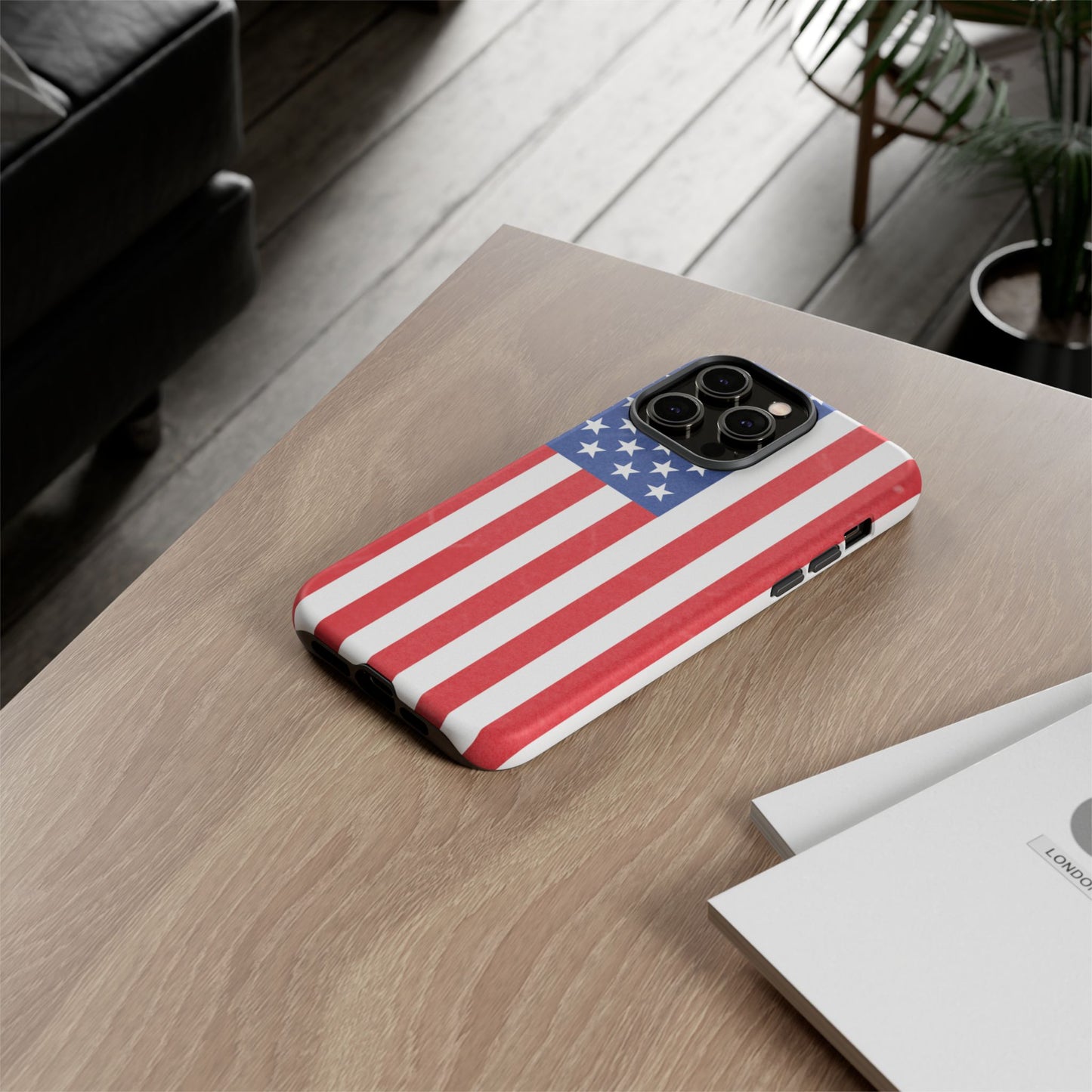 American flag tough phone case for iPhone and Samsung, patriotic protective cover with bold flag design.