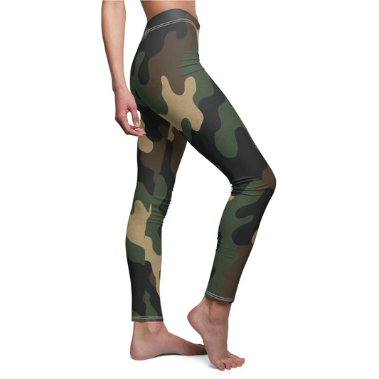 Women’s camo print leggings with classic green camouflage all-over print by Printify, featuring a fitted stretchy design.