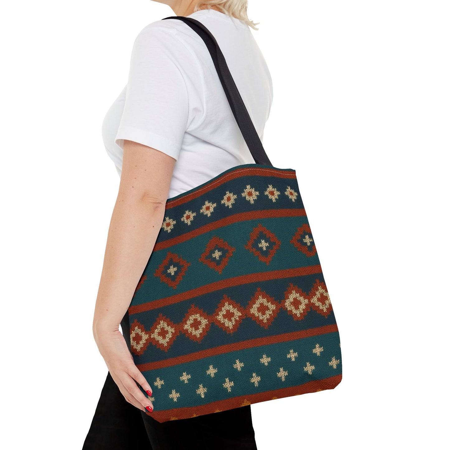 Southwestern diamond pattern tote bag with Aztec tribal geometric print, featuring sturdy handles and vibrant design.
