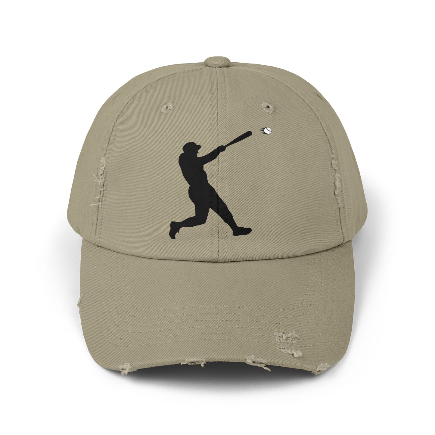 Distressed baseball cap with silhouette batter design, casual hats by Printify, featuring a worn look and sports-themed graphic.
