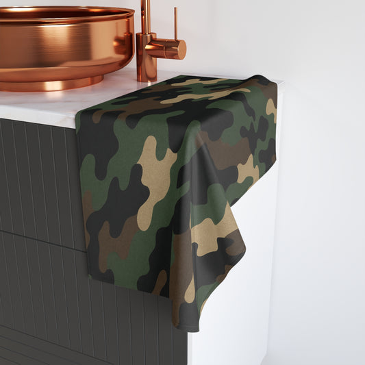 Military green camouflage hand towel featuring a camo pattern, ideal for kitchen or bathroom use, by Printify.