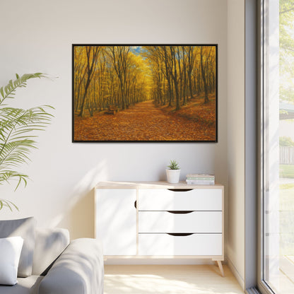 Autumn forest path matte canvas wall art by Printify featuring a scenic woodland trail with vibrant fall foliage.