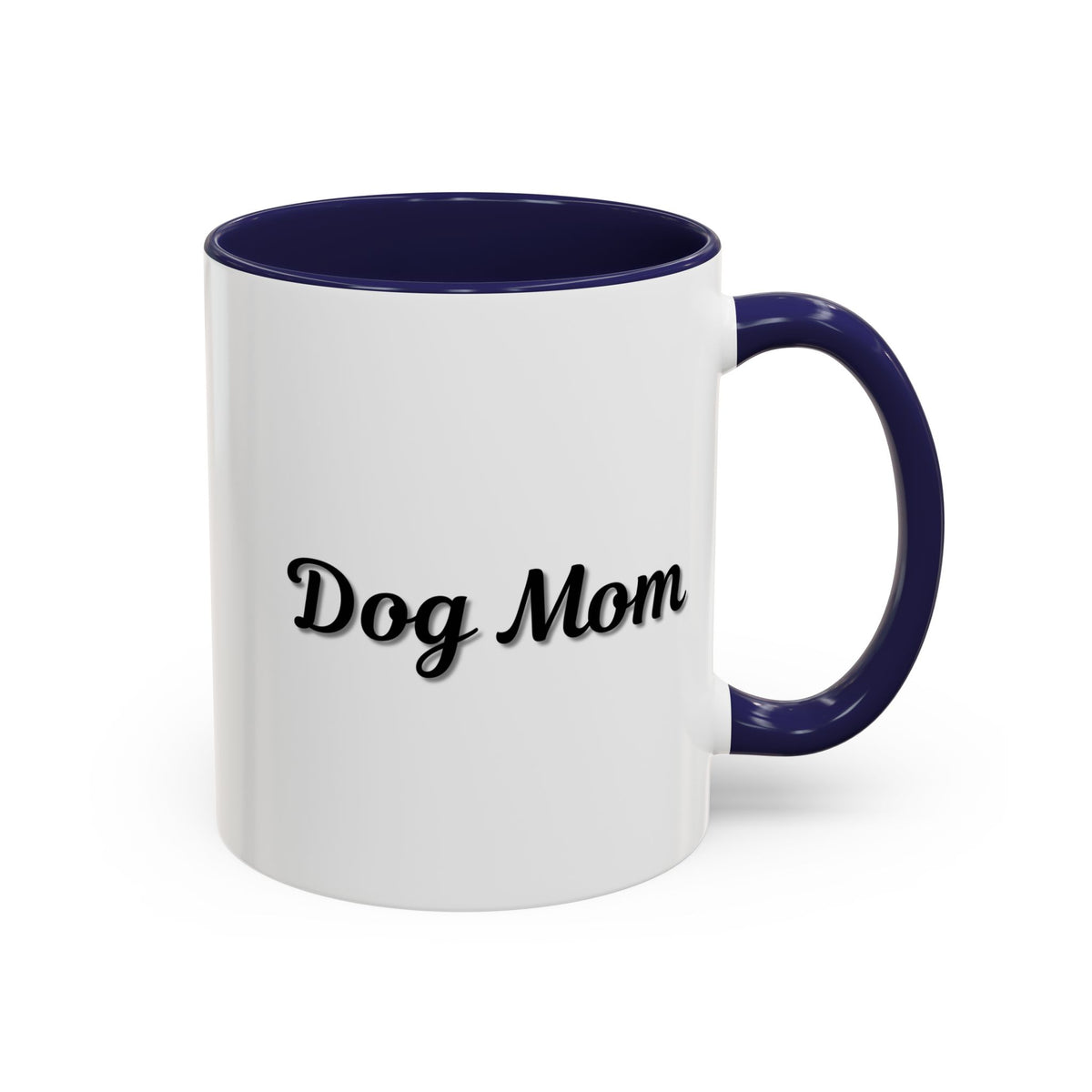Dog Mom Accent Coffee Mug — white ceramic coffee mug with retro script "Dog Mom" print, colored interior and C-handle, 11oz/15oz, side profile view