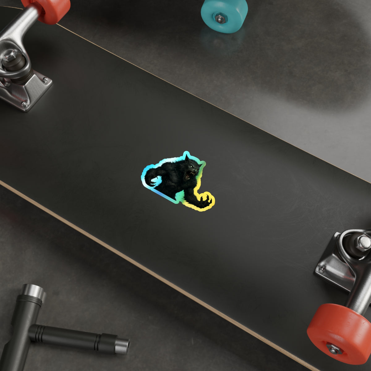 Holographic werewolf die-cut sticker with rainbow moonlight design, featuring a paper product decal from Printify.
