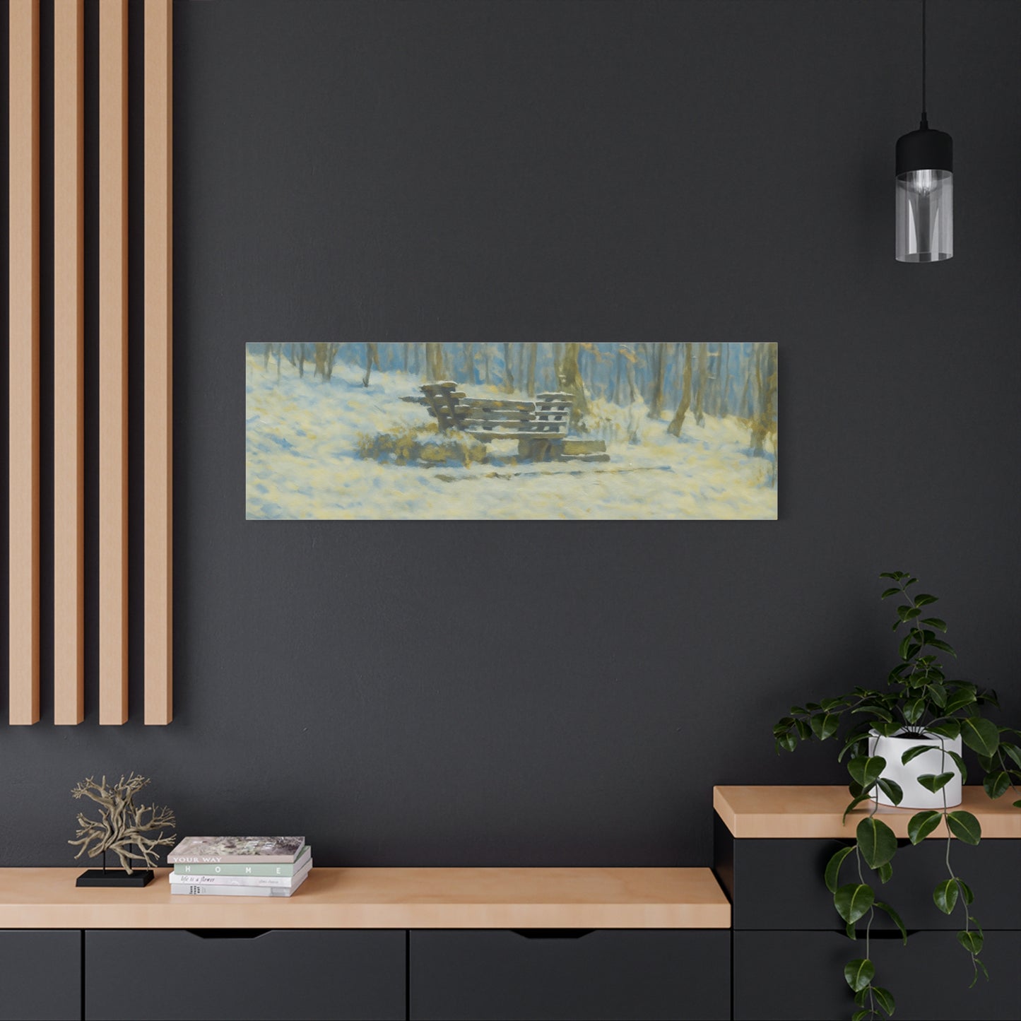 Snowy park bench canvas print by Printify, winter woodland wall art, stretched 1.25-inch matte canvas featuring a snowy park scene.