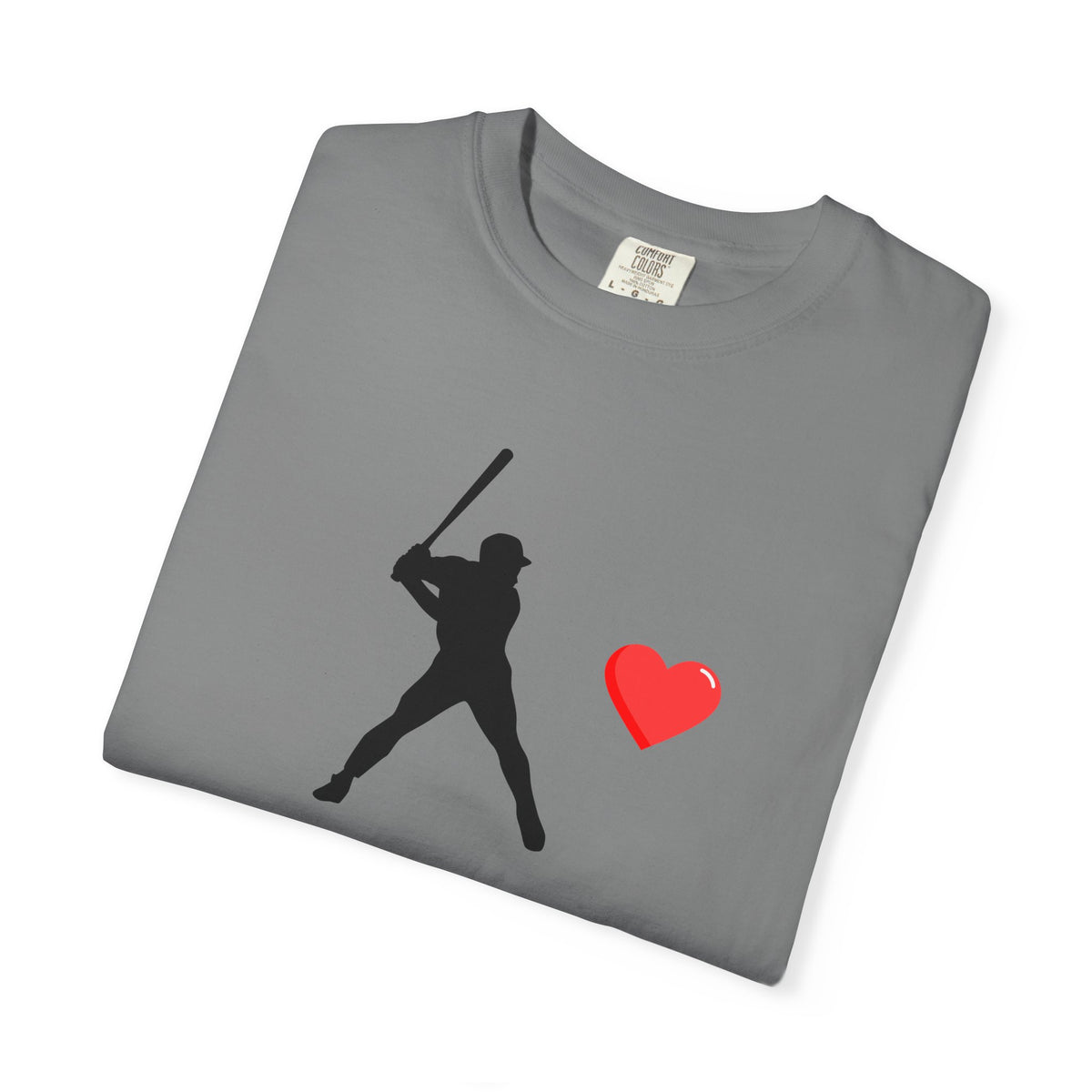 White baseball batter heart T-shirt by Printify featuring a graphic of a batter with a heart motif on the front.