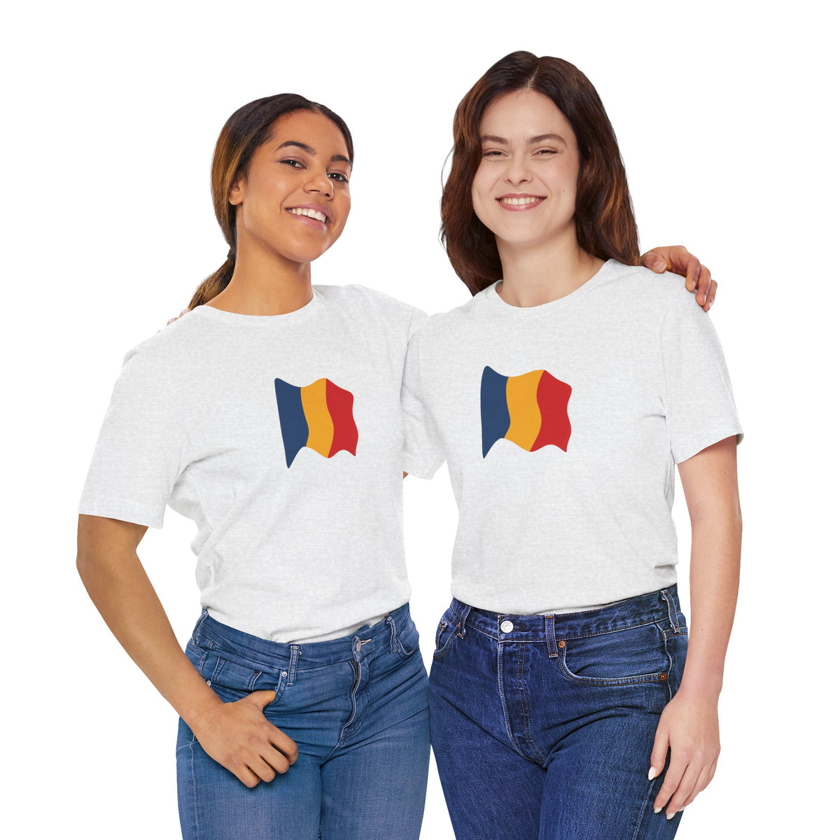 Romania flag T-shirt by Printify featuring a minimal waving tricolor design on a casual T-shirt.