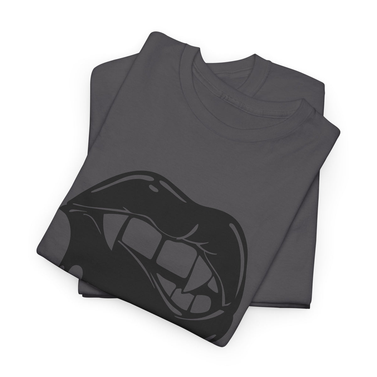Graphic T-shirt by Printify featuring a dripping lips 'hmm...' bite design on soft cotton fabric.