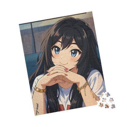 Anime girl portrait puzzle featuring a 520-piece jigsaw puzzle by Printify with vibrant anime artwork.