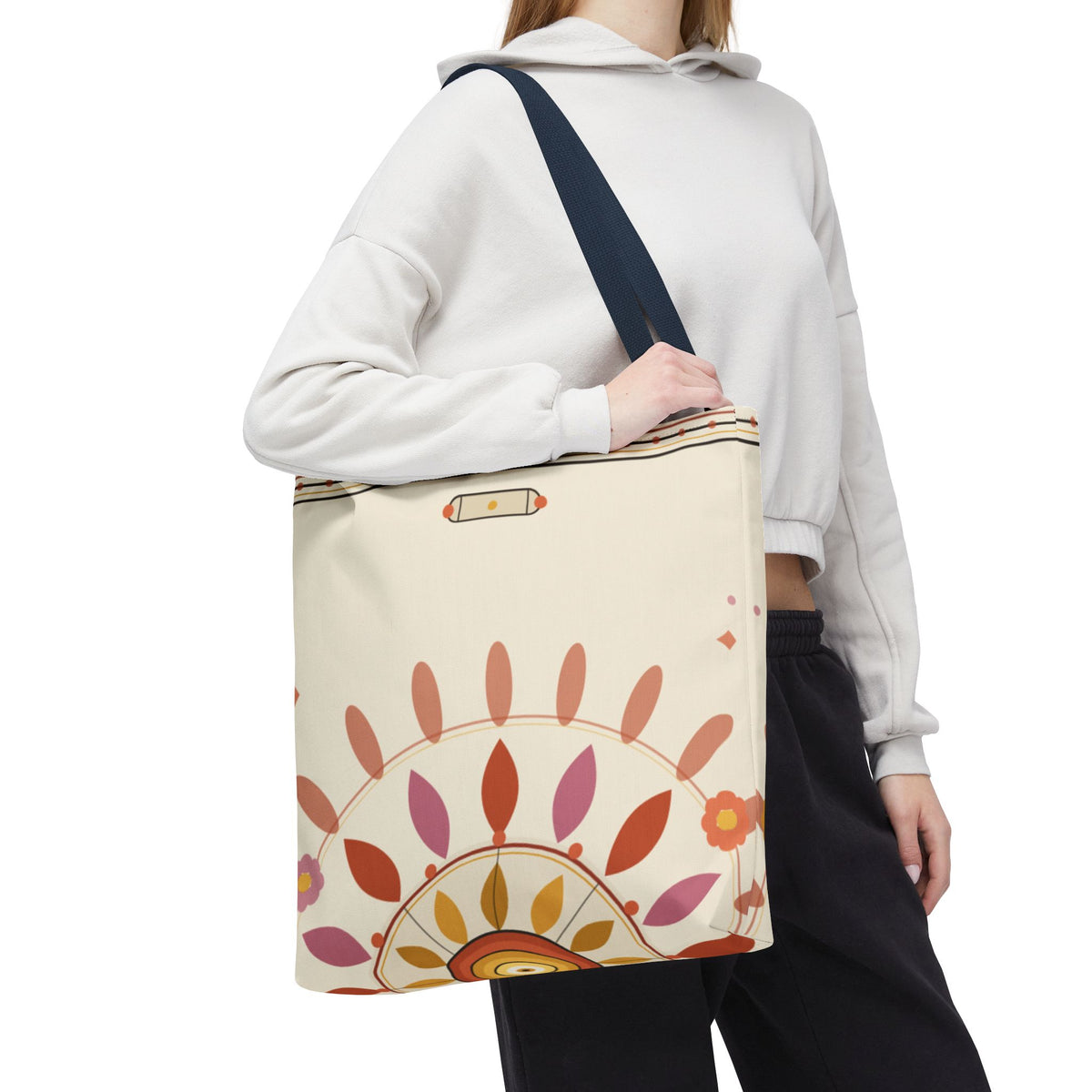 Boho floral mandala tote bag with pastel sunburst pattern, printify bags, spacious and stylish for daily use