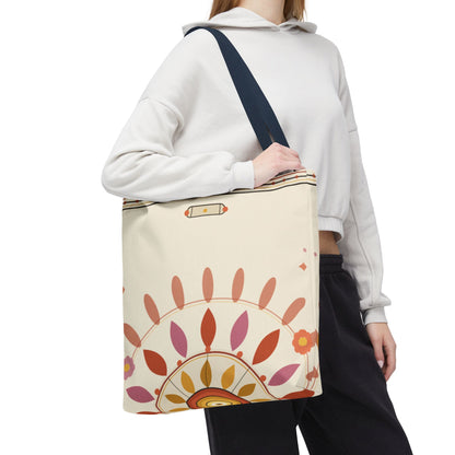 Boho floral mandala tote bag with pastel sunburst pattern, printify bags, spacious and stylish for daily use