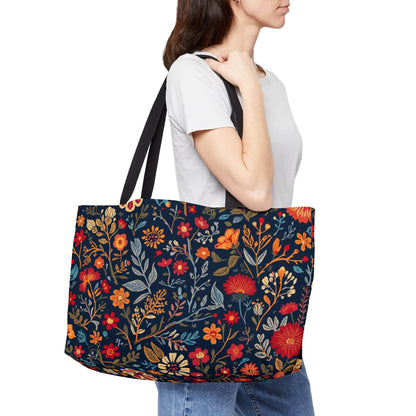Printify floral weekender tote bag with colorful floral design, ideal for travel, beach, gym, shopping, and gifting.