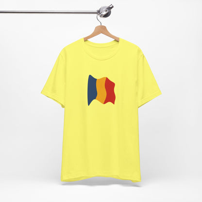 Romania flag T-shirt by Printify featuring a minimal waving tricolor design on a casual cotton tee.