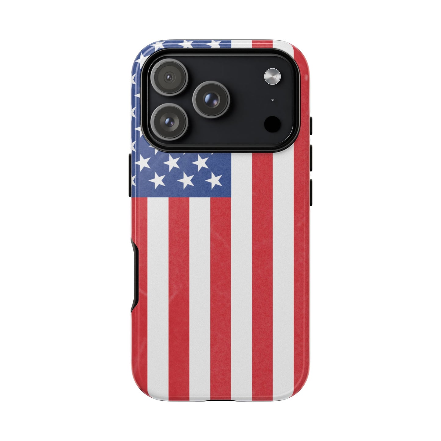 American flag tough phone case for iPhone and Samsung, patriotic protective cover with bold flag design by Printify.