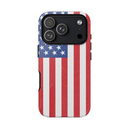 American flag tough phone case for iPhone and Samsung, patriotic protective cover with bold flag design by Printify.