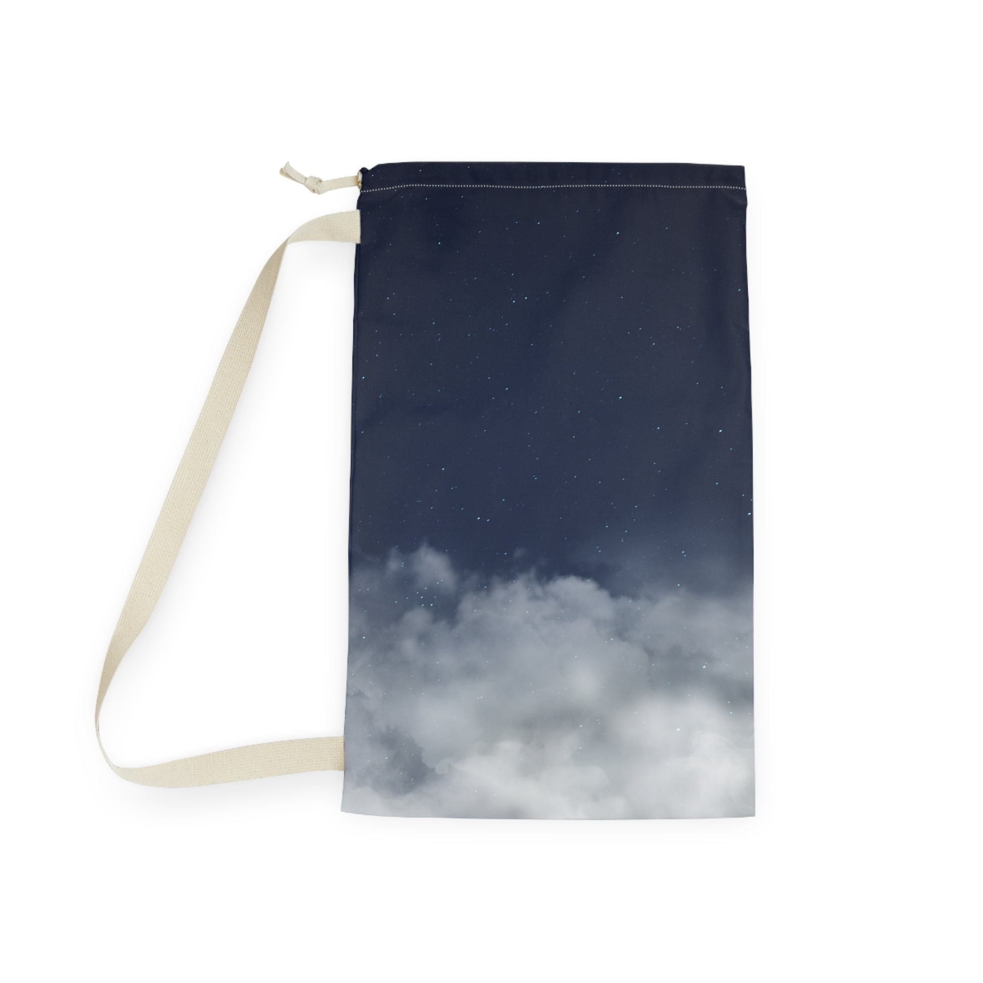 Printify Night Sky Clouds laundry bag with drawstring canvas tote, featuring a celestial cloud design for storing laundry.