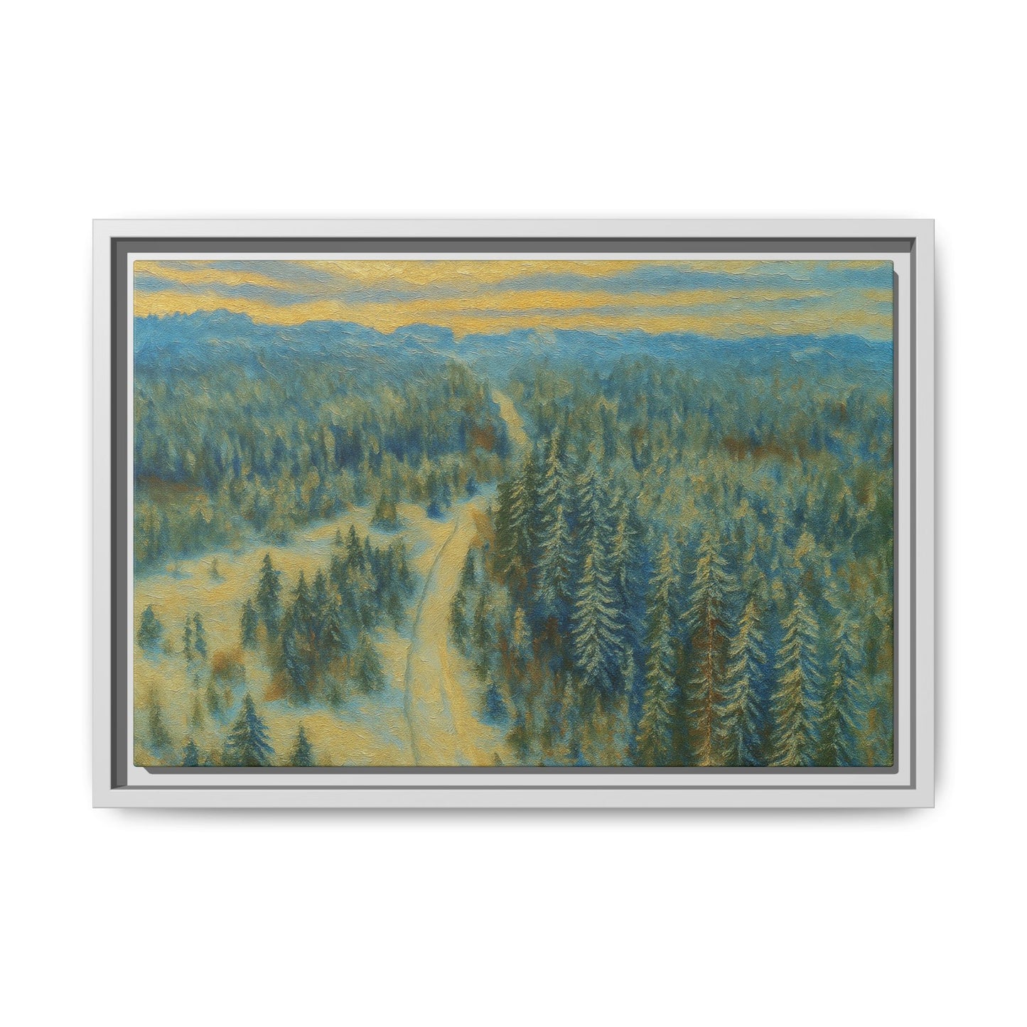 Framed matte canvas print of a serene winter forest landscape by Printify, showcasing snow-covered trees and peaceful scenery.
