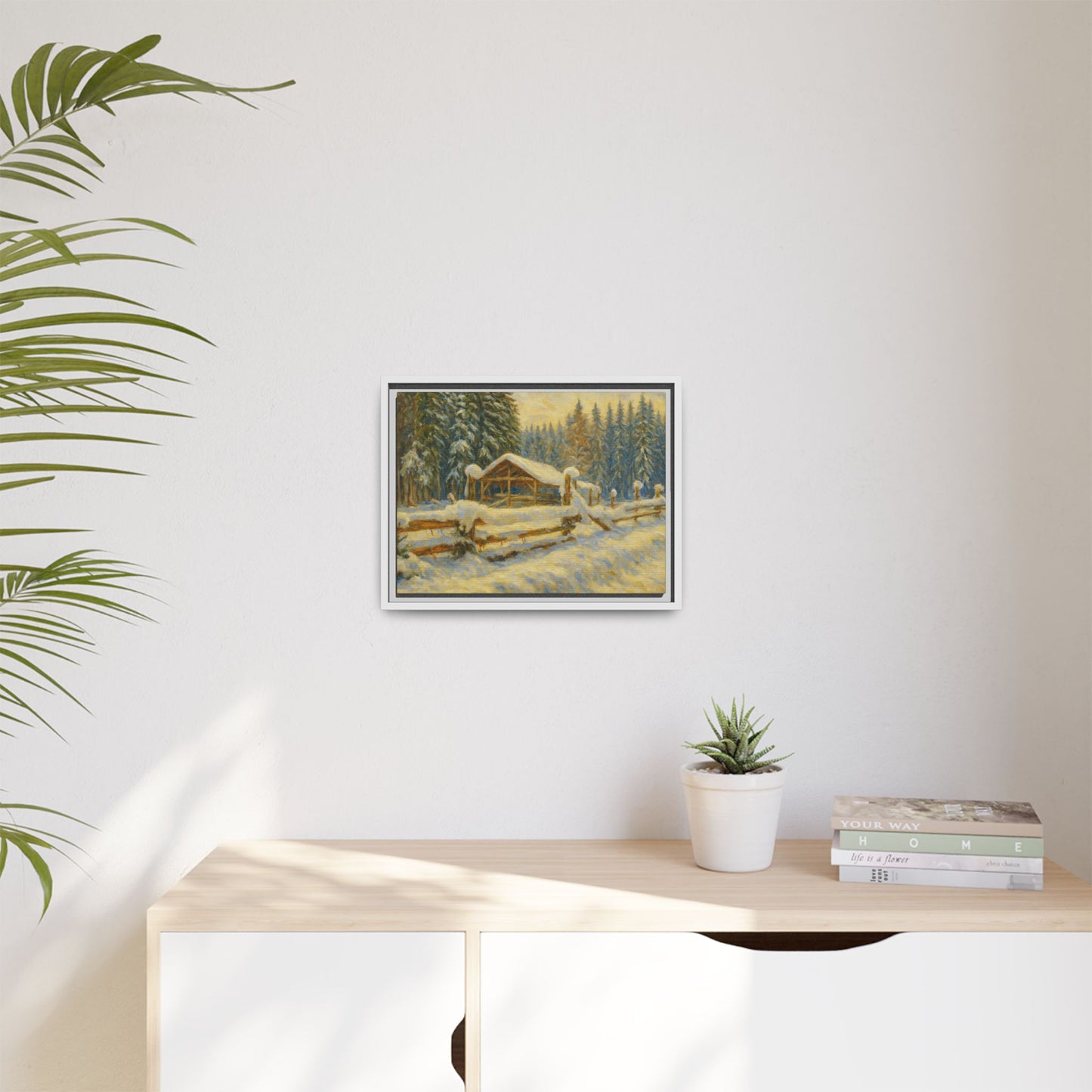 Snowy cabin winter landscape canvas wall art by Printify, featuring a cozy cabin scene in a snow-covered forest.