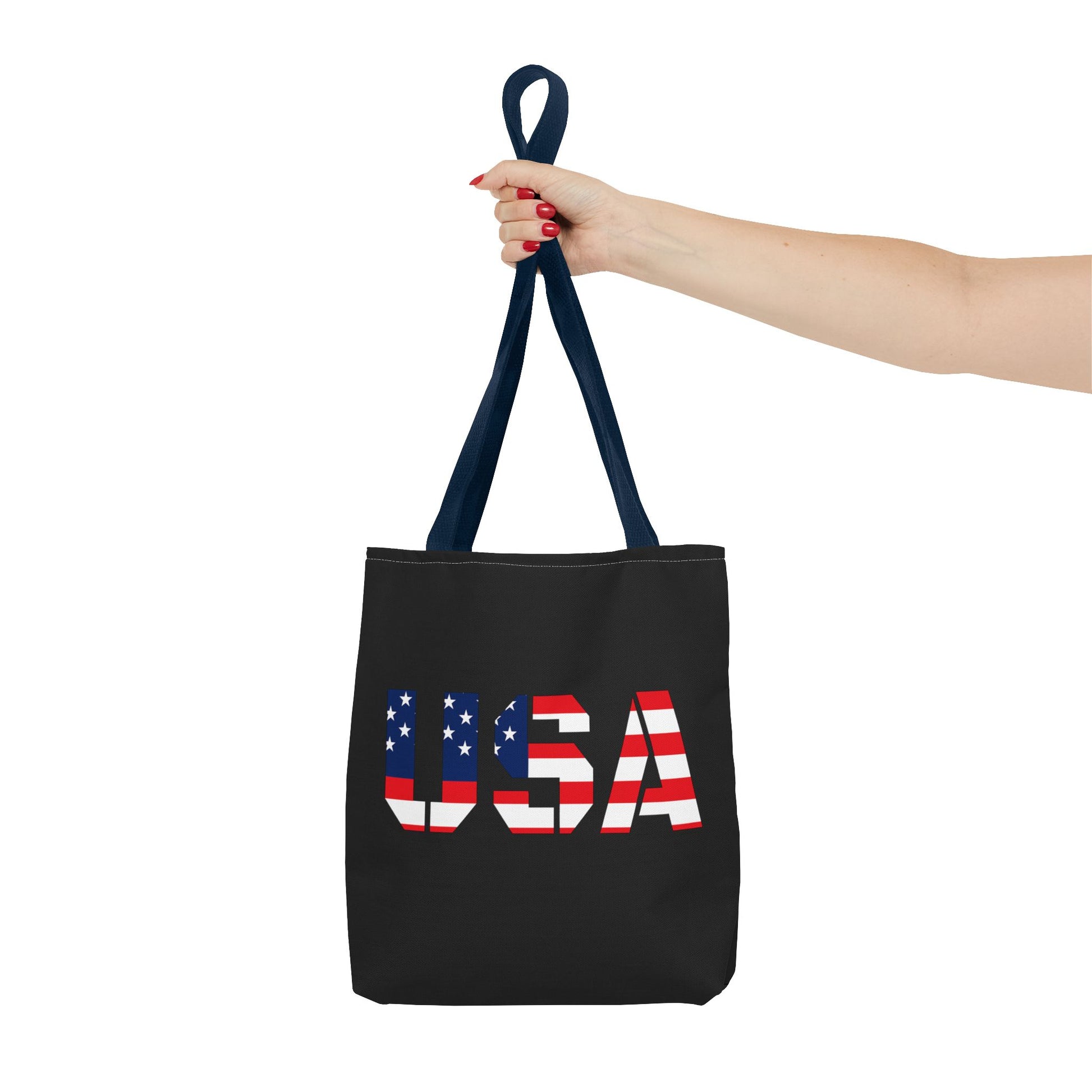 Reusable patriotic USA flag tote bag with 4th of July design, perfect for summer carryall and patriotic celebrations.