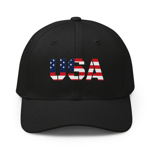 USA flag baseball cap with patriotic design, American dad hat, inspired by Adidas style, made by Printify.