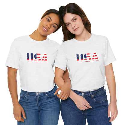 USA flag text T-shirt by Printify featuring patriotic Fourth of July design, with bold flag graphics on a casual cotton T-shirt.