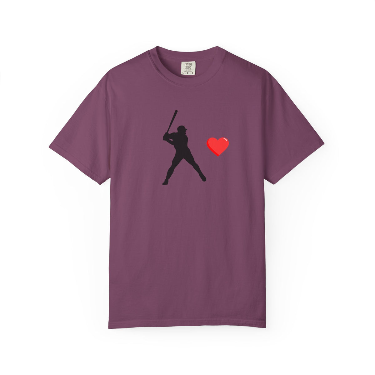 White baseball batter heart T-shirt by Printify featuring a graphic print of a batter with a heart design on the front.