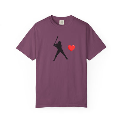White baseball batter heart T-shirt by Printify featuring a graphic print of a batter with a heart design on the front.
